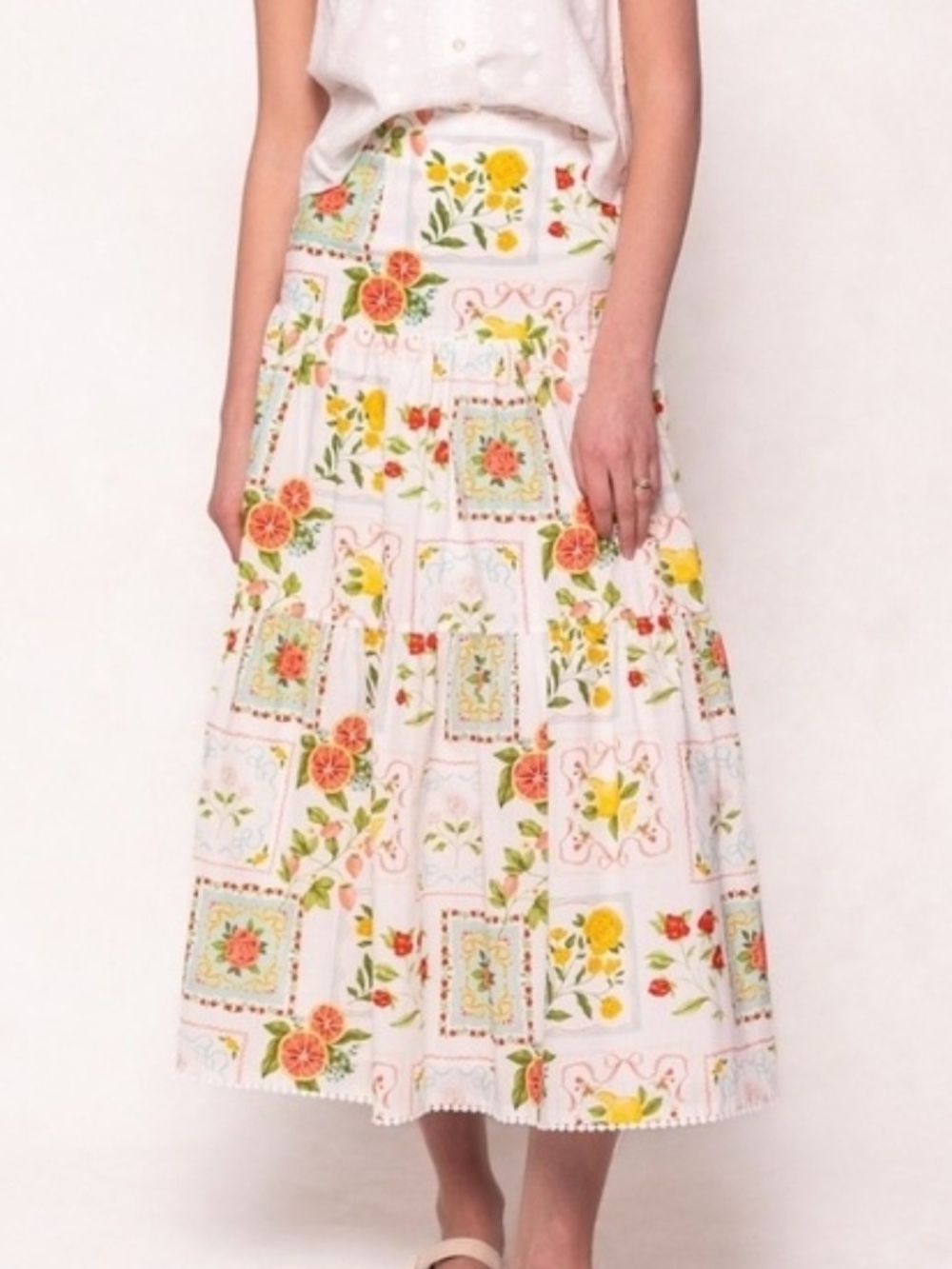 Ivy City Co White Maxi Skirt with Yellow & Coral Floral Patchwork